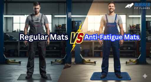 A split-screen design: one side showing a mechanic standing on a regular mat looking tired, the other side showing him smiling on an anti-fatigue mat with visible comfort.