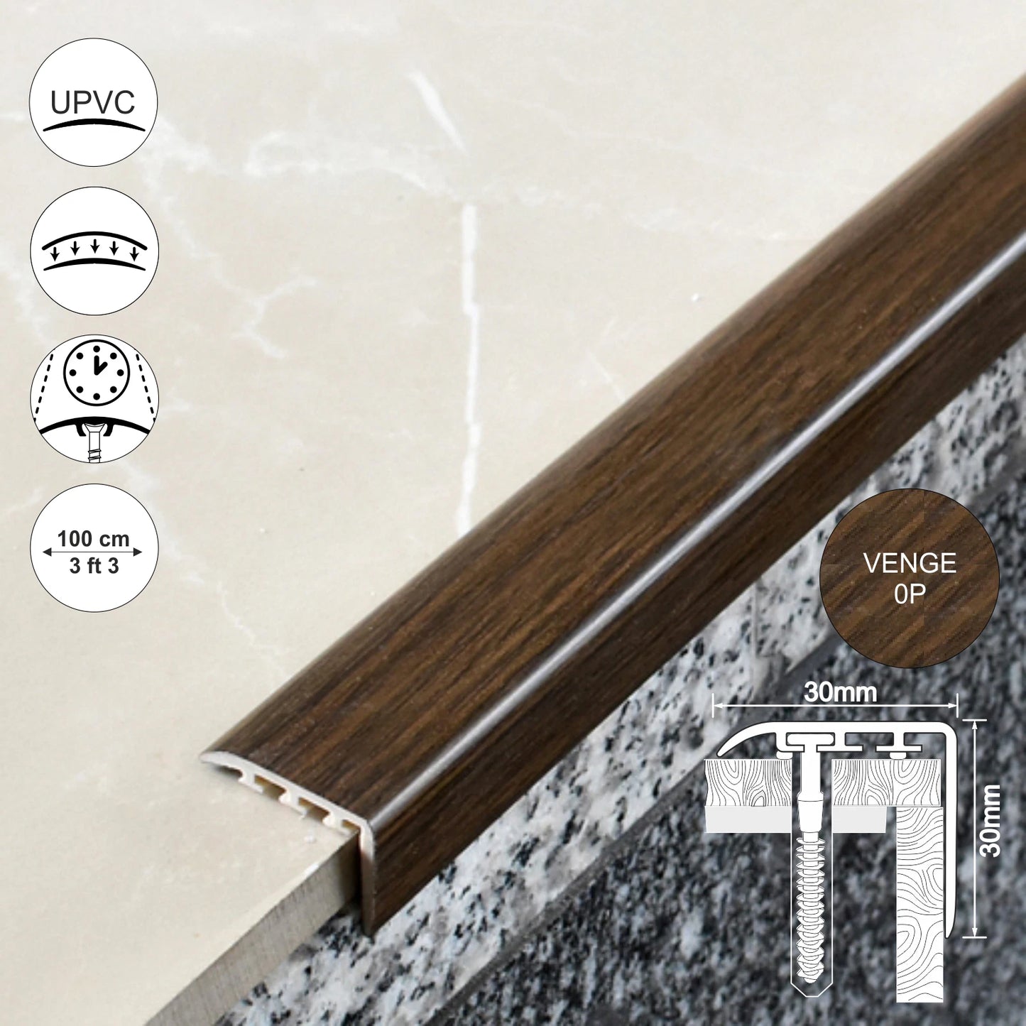 UPVC WOOD EFFECT STAIR EDGE NOSING -TRIM- EDGING NOSING 30 x 30mm