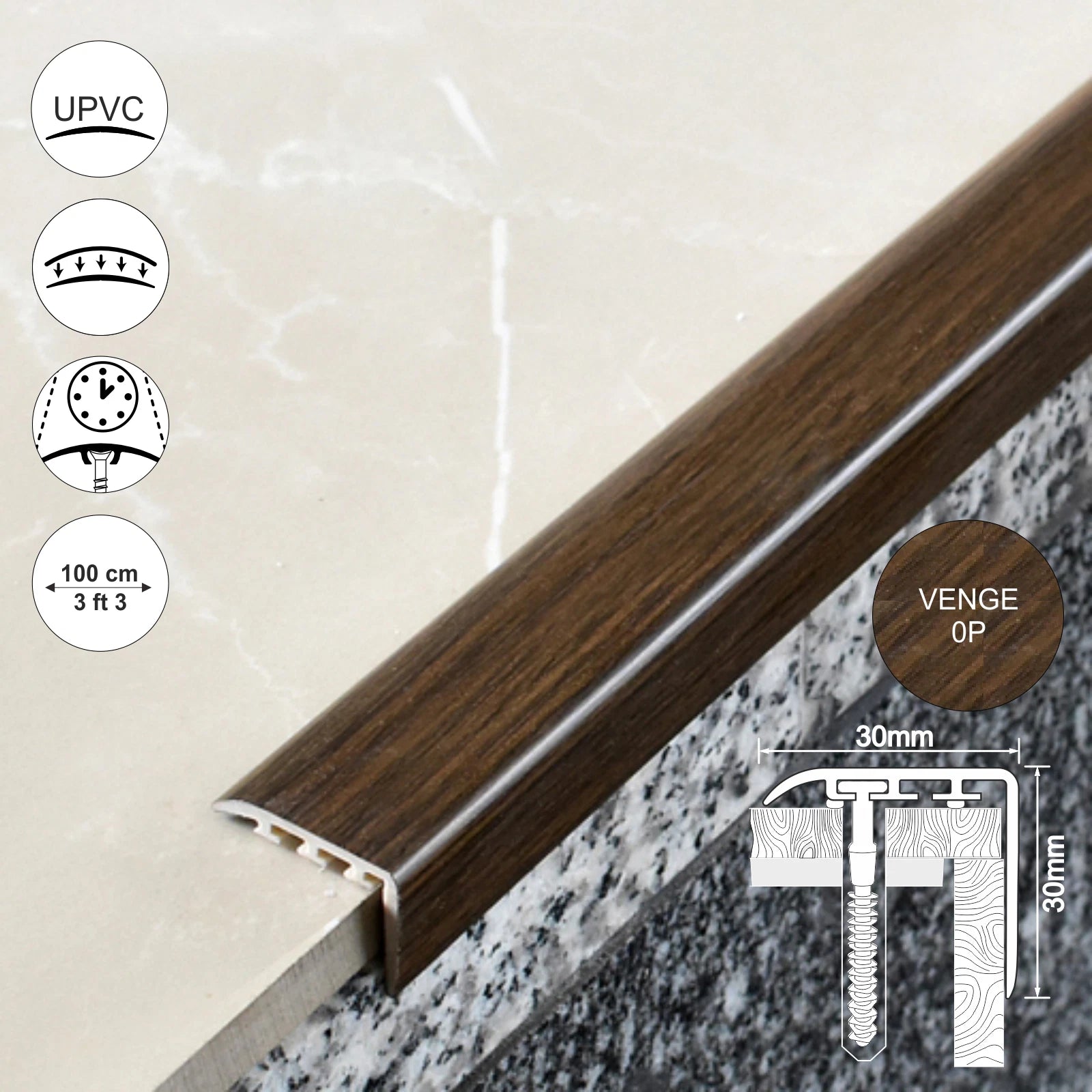 UPVC WOOD EFFECT STAIR EDGE NOSING -TRIM- EDGING NOSING 30 x 30mm