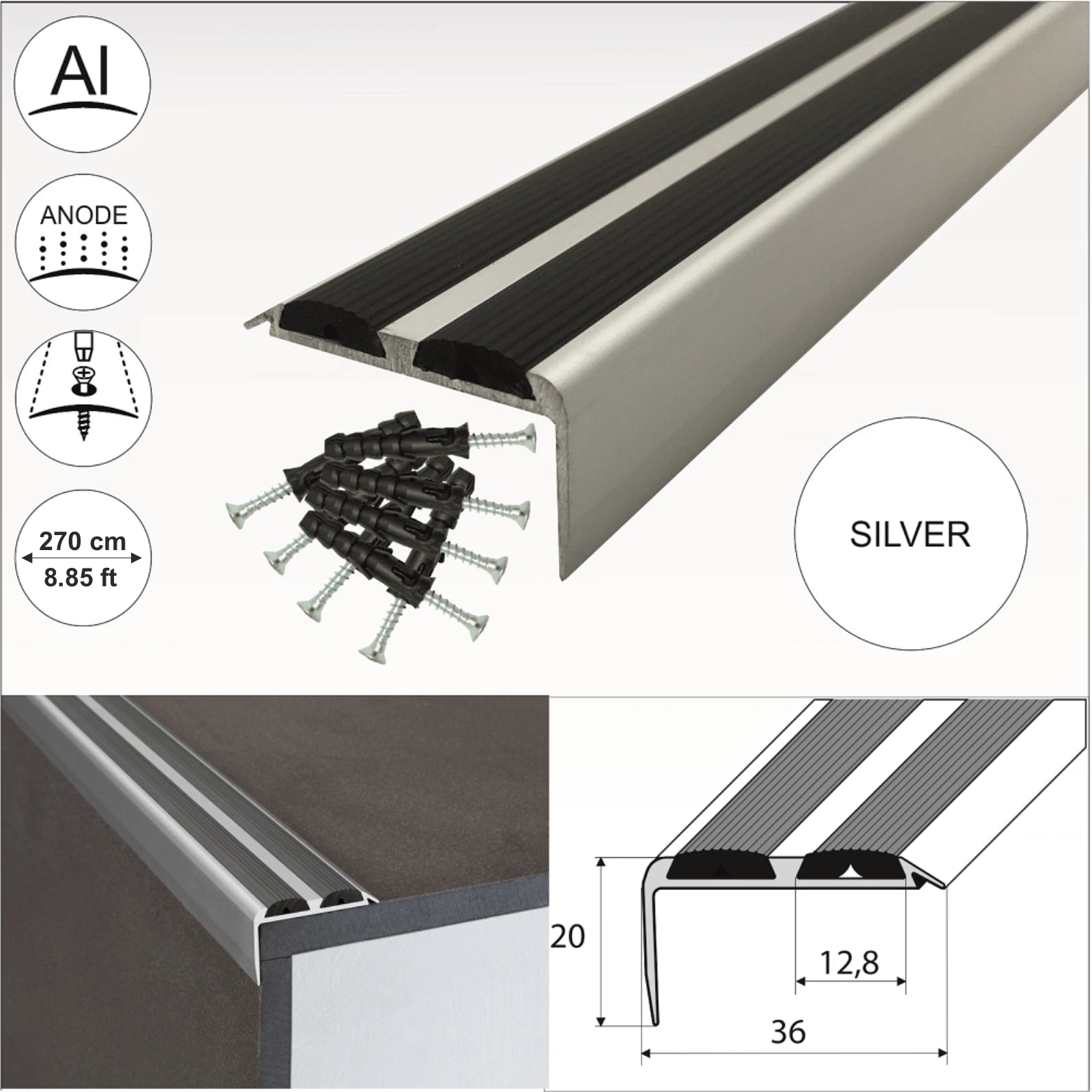 2.7m ALUMINIUM STAIR NOSING EDGE TRIM STEP NOSE EDGING NOSINGS FOR CARPET WOOD