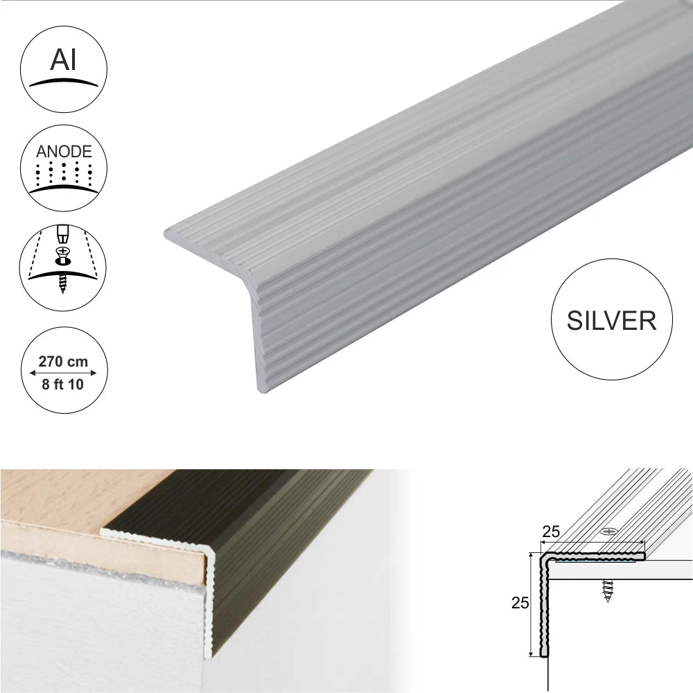 2.7m ANODISED ALUMINIUM ANTI NON SLIP STAIR EDGE NOSING -TRIM- 25x 25mm