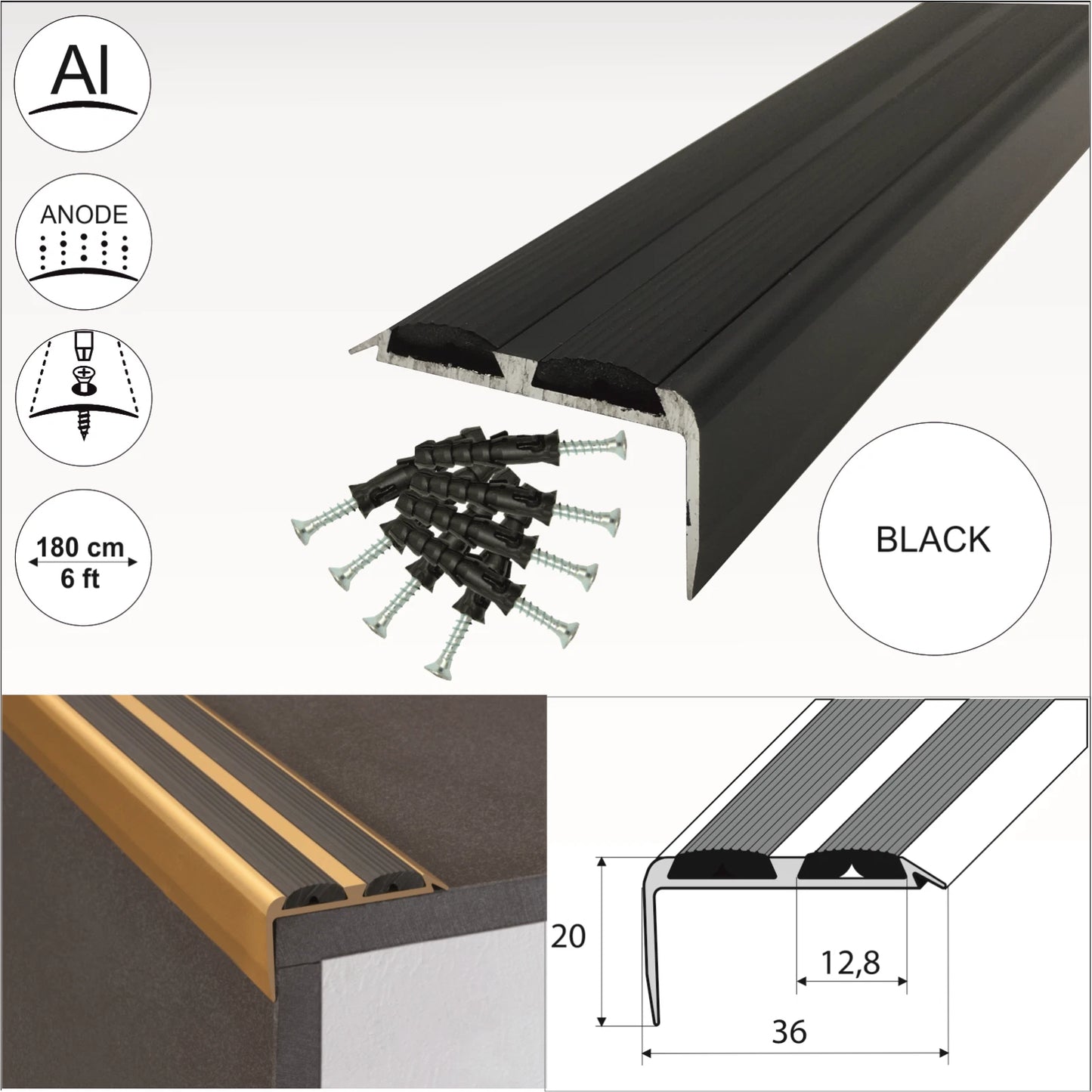 1.8m ALUMINIUM STAIR NOSING EDGE TRIM STEP NOSE EDGING NOSINGS FOR CARPET WOOD
