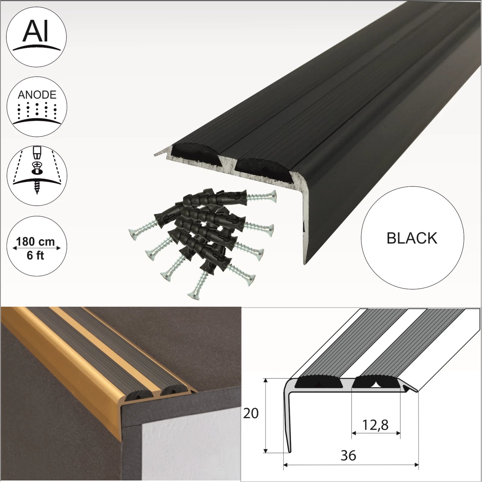 1.8m ALUMINIUM STAIR NOSING EDGE TRIM STEP NOSE EDGING NOSINGS FOR CARPET WOOD