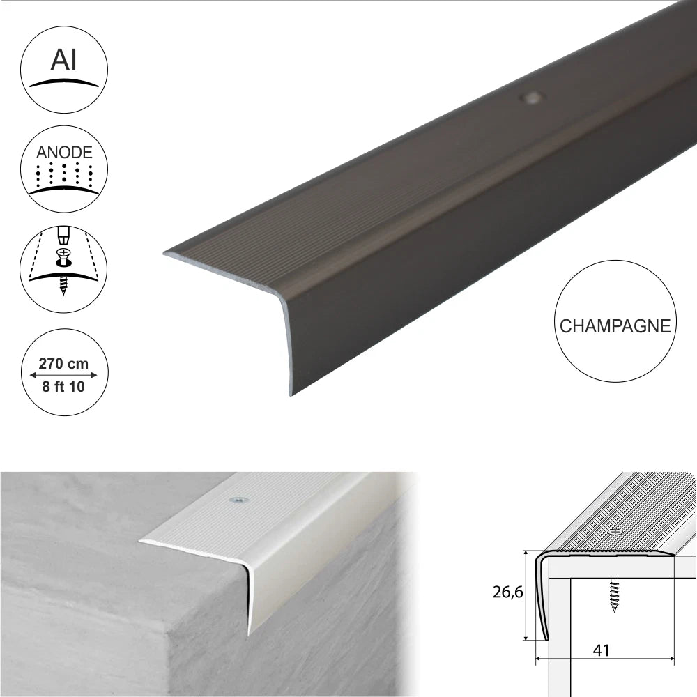 2.7m ALUMINIUM STAIR NODING STEP EDGE NOSING TRIM FOR LAMINATE, WOOD.41x26.6mm