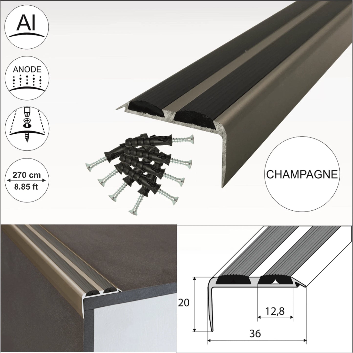 2.7m ALUMINIUM STAIR NOSING EDGE TRIM STEP NOSE EDGING NOSINGS FOR CARPET WOOD
