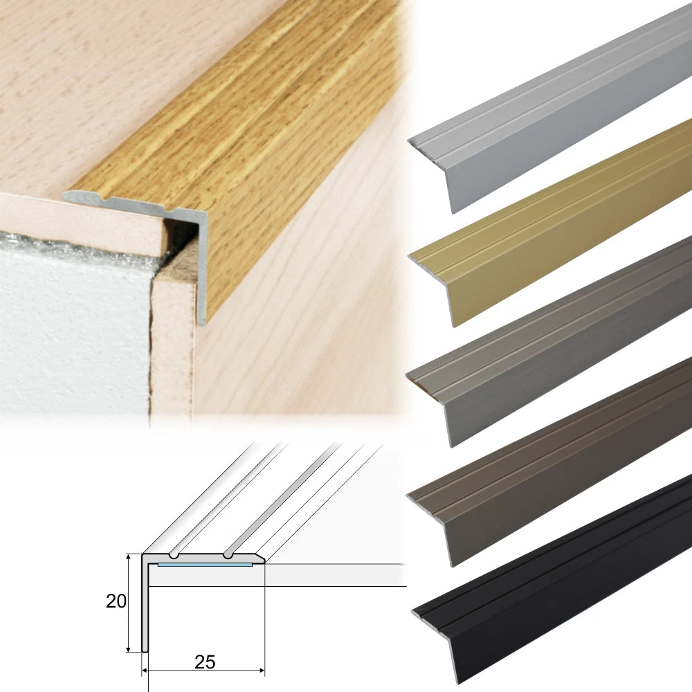 ALUMINIUM STAIR NOSINGS STEP EDGE NOSING FOR LAMINATE, WOOD,CARPET 25x20mm A36