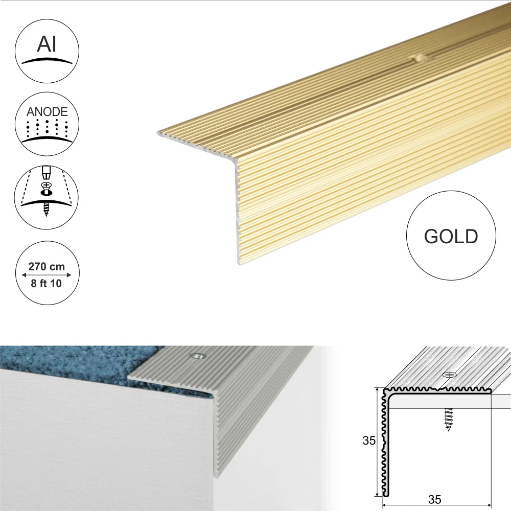2.7m ALUMINIUM ANTI NON SLIP STAIR EDGE NOSING -EDGING TRIM- 35 x 35mm