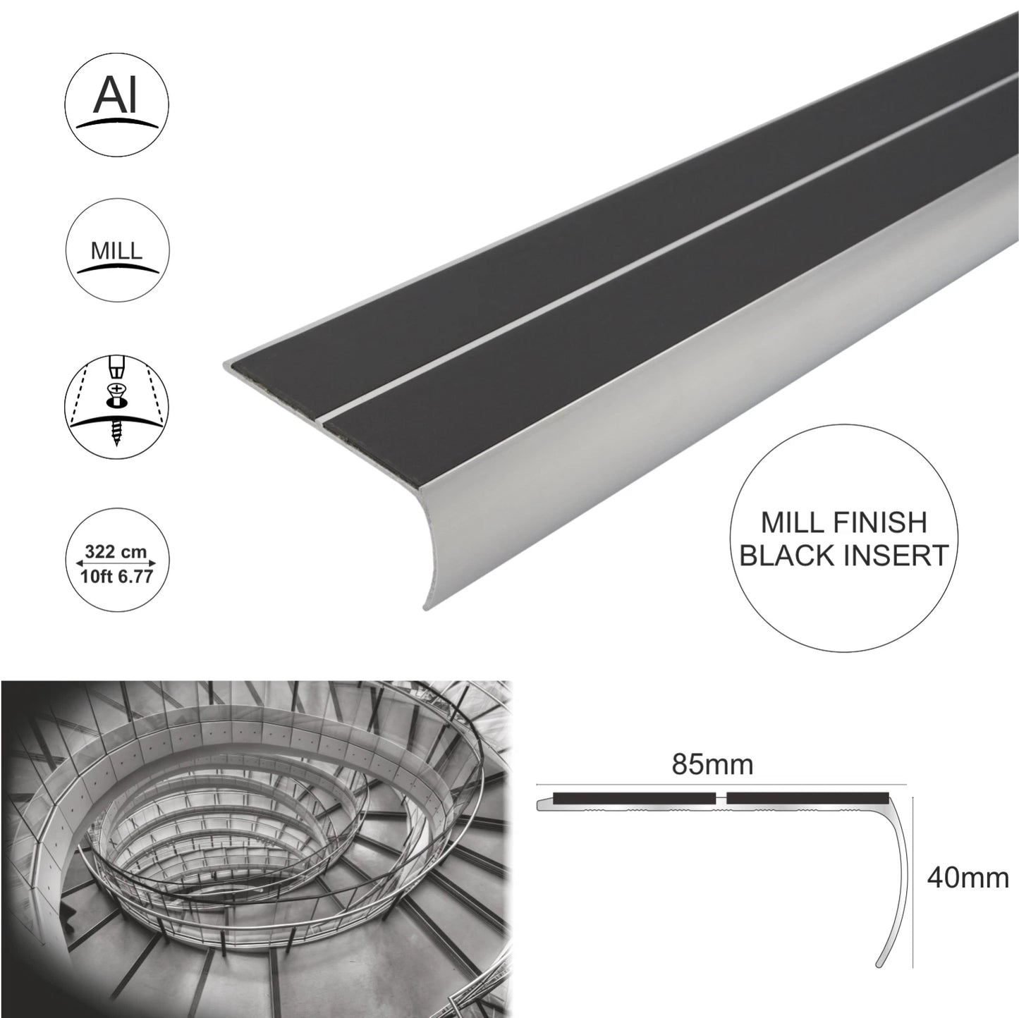 3.22m Anti Slip Bullnose Stair Nosings Step Nosing Edge Profile 85x 40mm