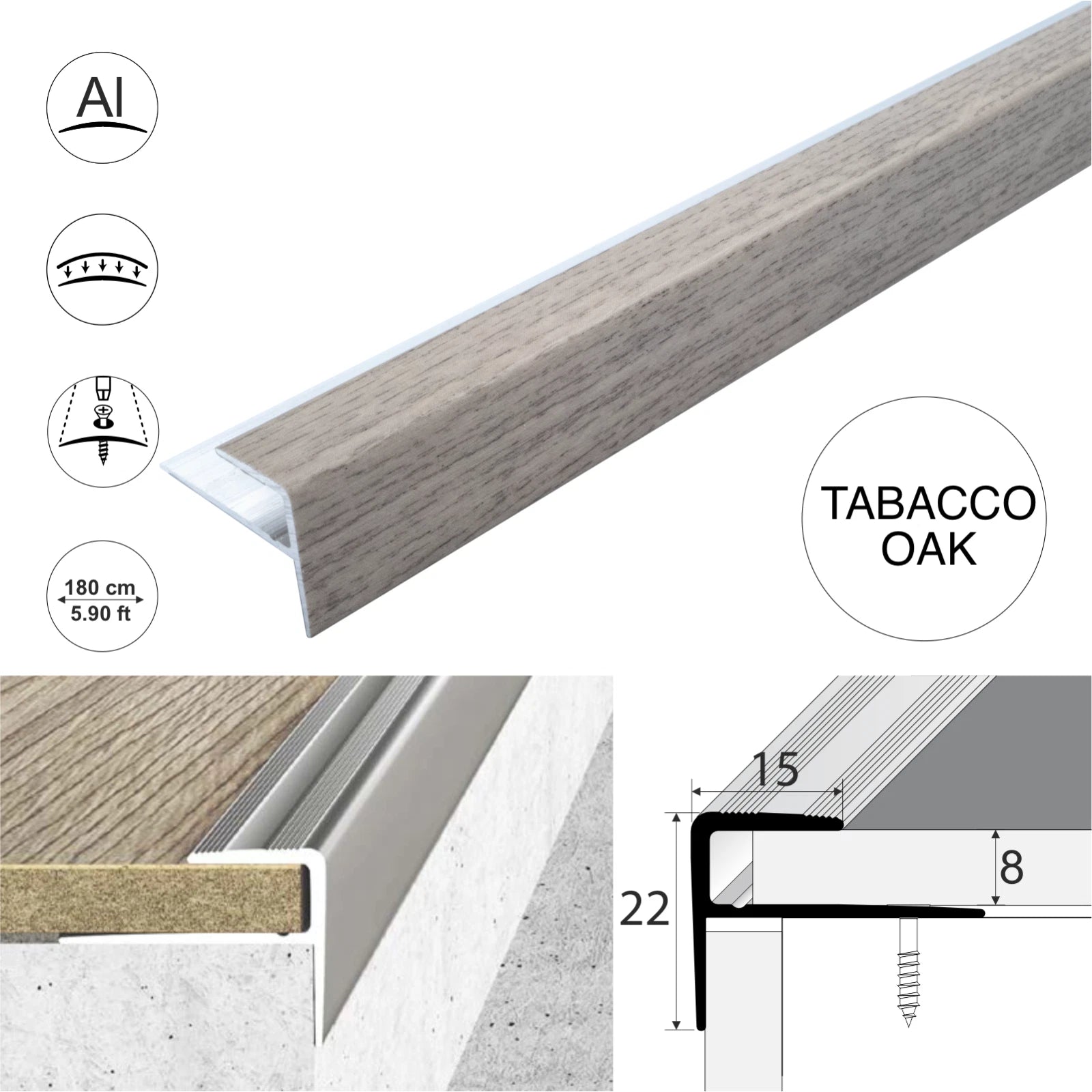 Aluminium Stair Nosing Wood Effect Edge Trim Step Nose Edging Laminate 1.8m A60