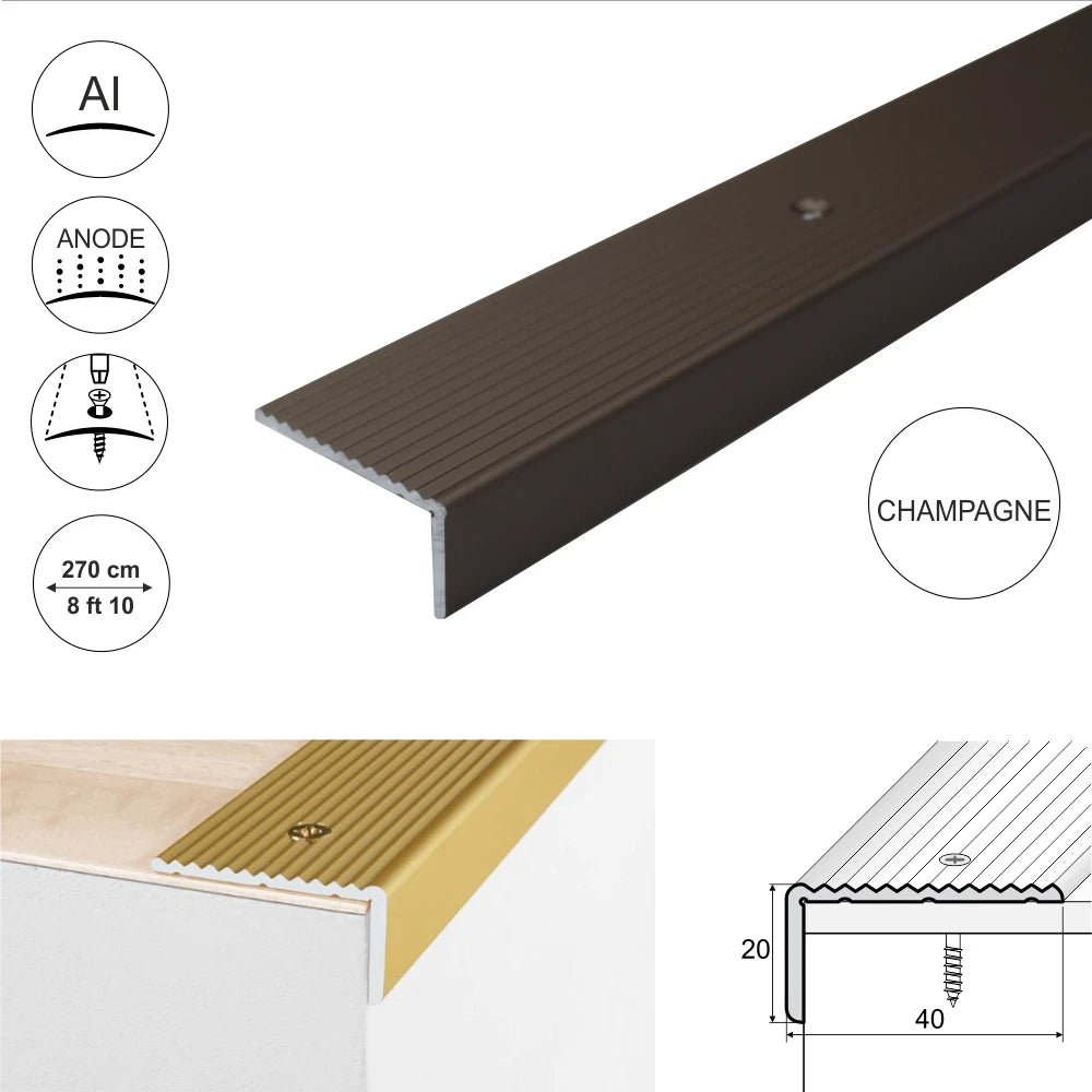 2.7m ALUMINIUM ANTI NON SLIP STAIR EDGE NOSING - STEP EDGING TRIM- 40 x 20mm