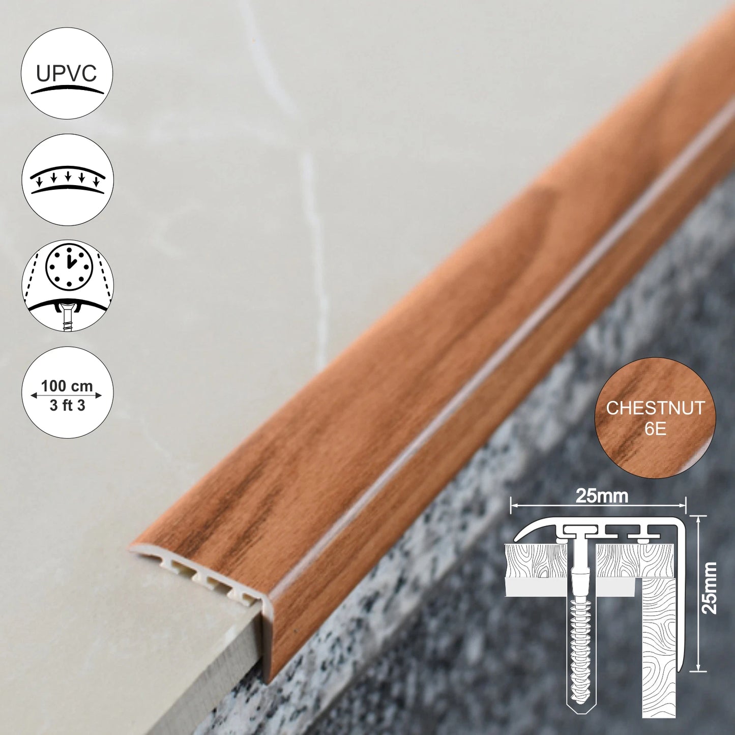 UPVC WOOD EFFECT STAIR EDGE NOSING -TRIM- EDGING NOSING 25 x 25mm
