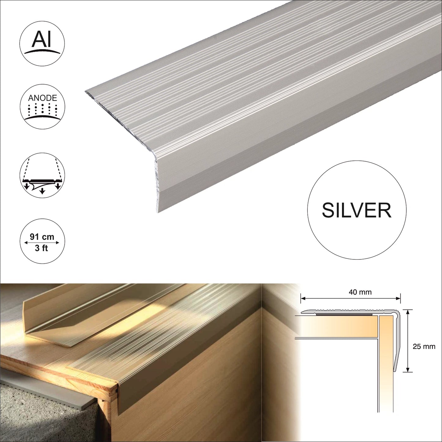 ALUMINIUM STAIR NOSINGS STEP EDGE NOSING FOR LAMINATE, WOOD,CARPET,TILE 40x25mm