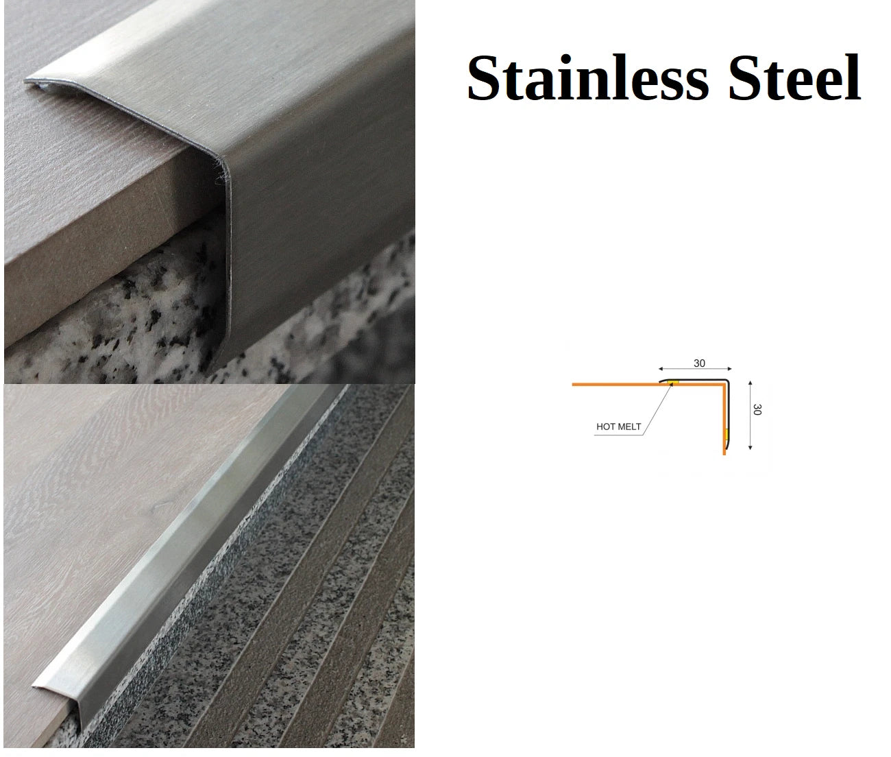 Stainless steel stair nosing strip 30X30 - 100CM