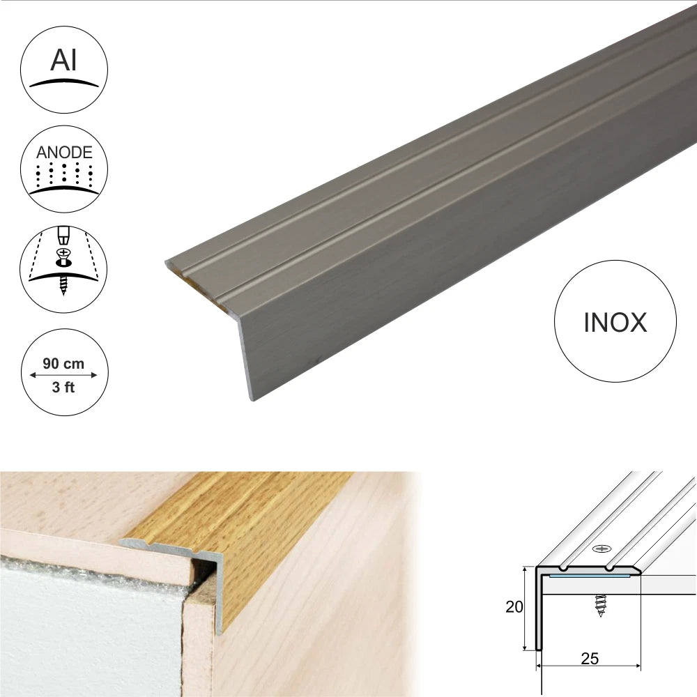 ALUMINIUM STAIR NOSINGS STEP EDGE NOSING FOR LAMINATE, WOOD,CARPET 25x20mm A36