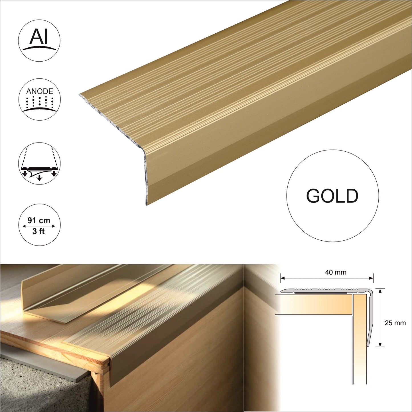 ALUMINIUM STAIR NOSINGS STEP EDGE NOSING FOR LAMINATE, WOOD,CARPET,TILE 40x25mm