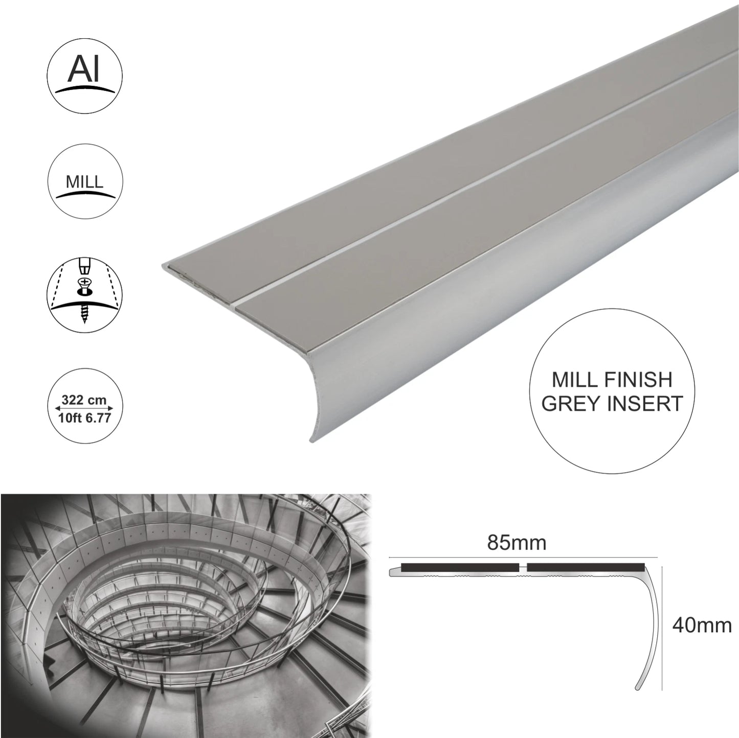 Anti Slip Bullnose Stair Nosings 85x 40mm Step Nosing Edge Profile 3.22m