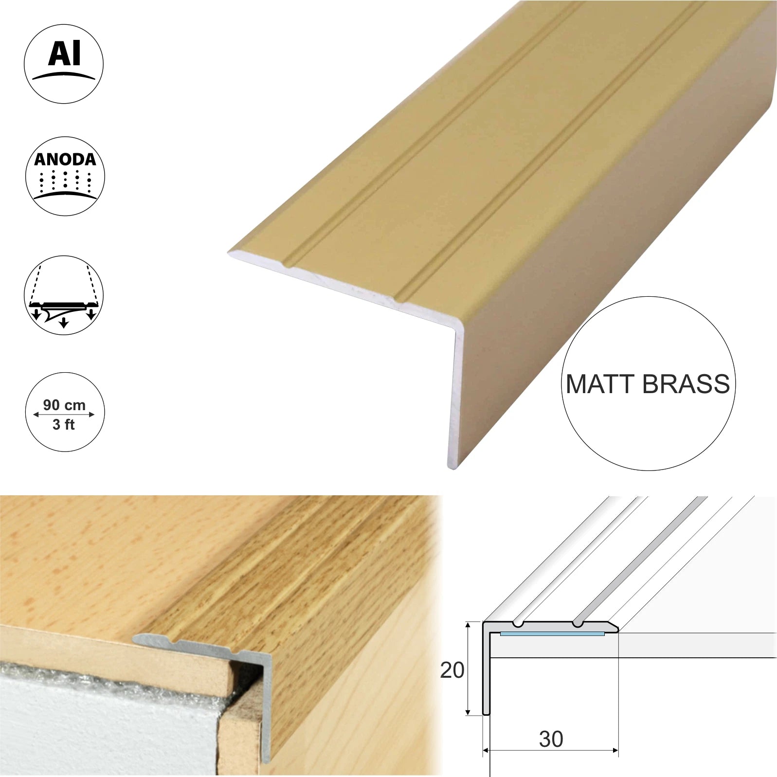 ALUMINIUM STAIR NOSING EDGE TRIM STEP EDGING NOSINGS FOR CARPET WOOD 30x20mm