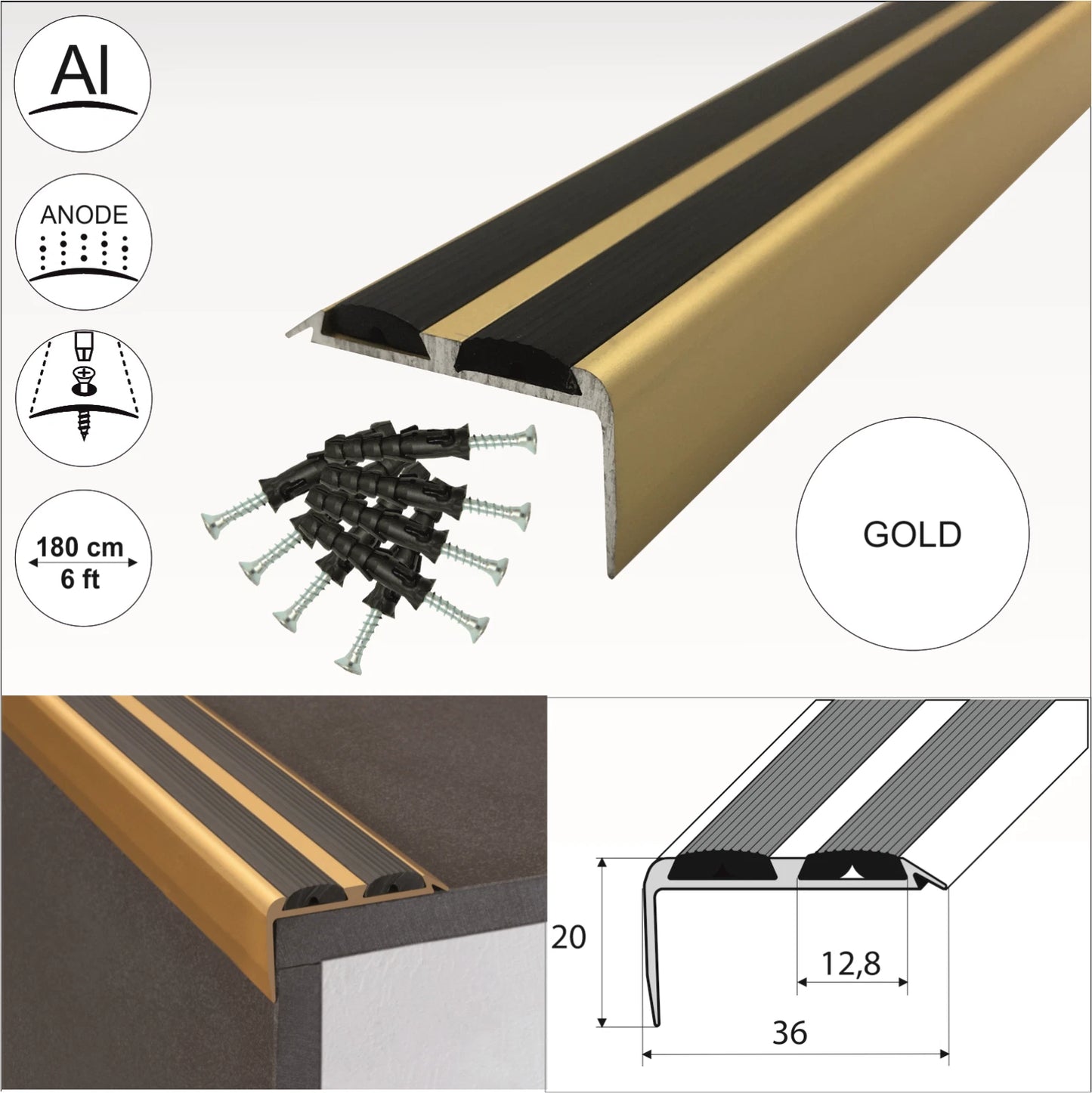 1.8m ALUMINIUM STAIR NOSING EDGE TRIM STEP NOSE EDGING NOSINGS FOR CARPET WOOD