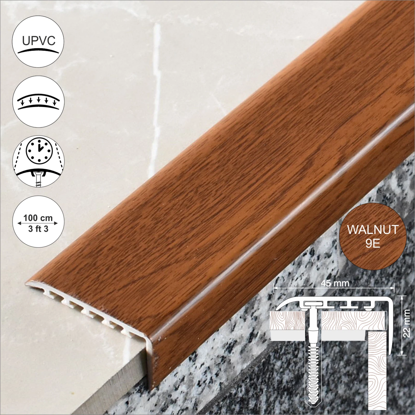 UPVC WOOD EFFECT STAIR EDGE NOSING -TRIM- EDGING NOSING 45 x 22mm