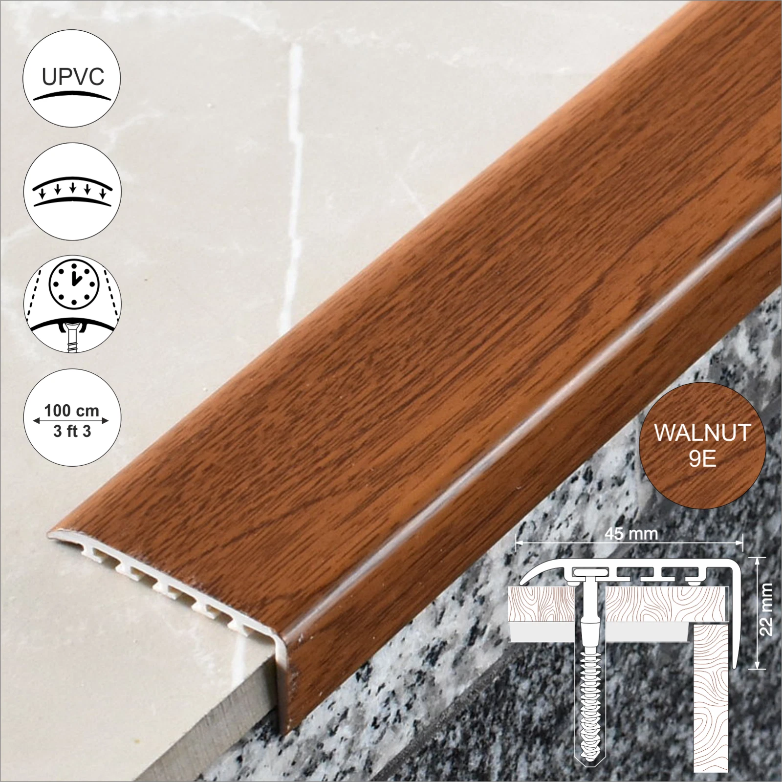 UPVC WOOD EFFECT STAIR EDGE NOSING -TRIM- EDGING NOSING 45 x 22mm