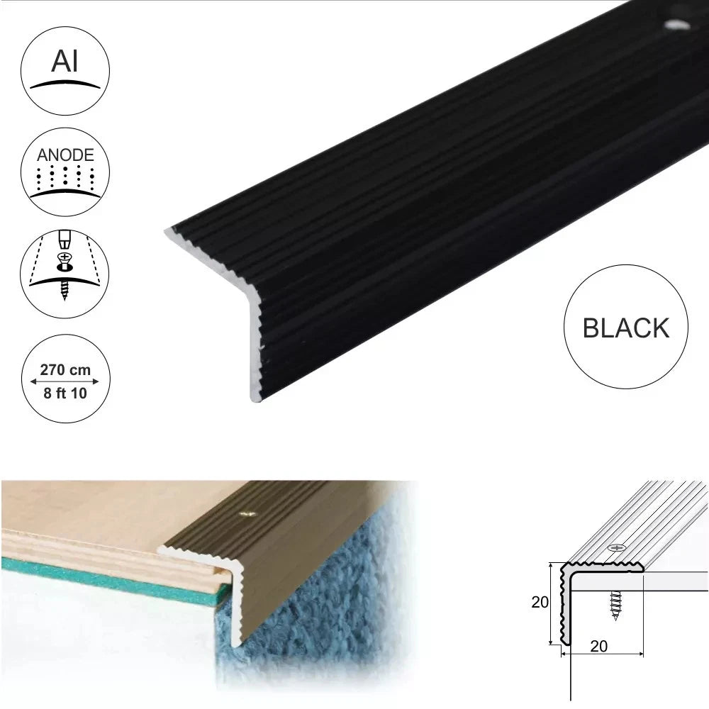 2.7m ANODISED ALUMINIUM ANTI NON SLIP STAIR EDGE NOSING -TRIM- 20x 20mm
