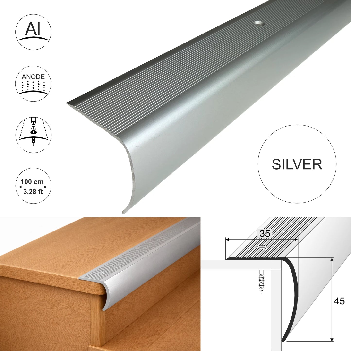 Aluminium Stair Nosing Bullnose Edge Trim Step Edging Heavy Duty Anti Slip H28