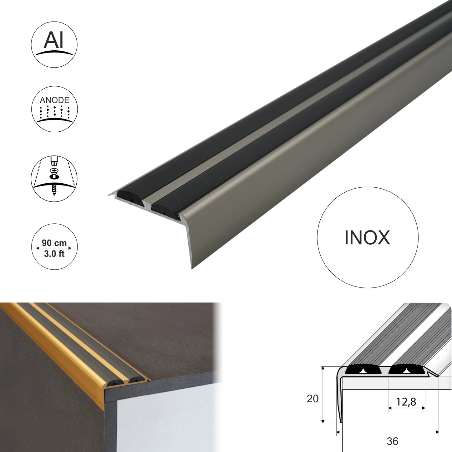 ALUMINIUM STAIR NOSING EDGE TRIM STEP NOSE EDGING NOSINGS FOR CARPET WOOD A37