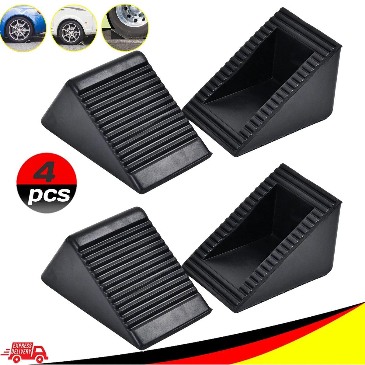 4x Heavy Duty Rubber Wheel Chocks Tire Stoppers For RV Trailer Car 125 x75 x60Mm