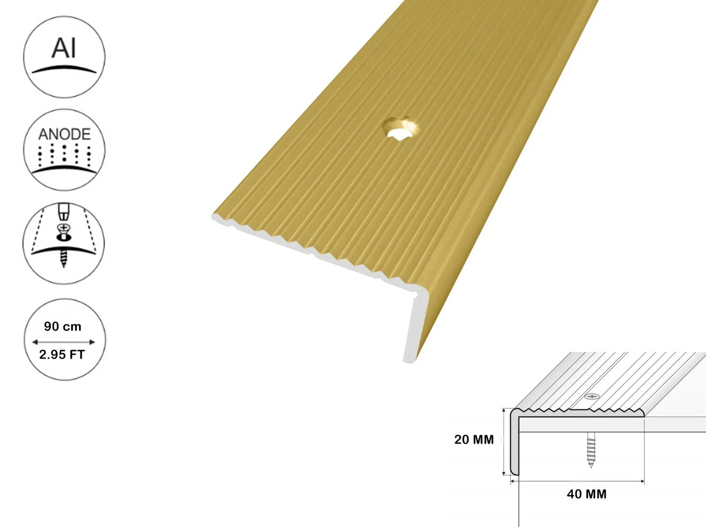 Stair Nosing Anodised aluminium anti non slip edge -trim- 40 x 20mm lengt 900 mm