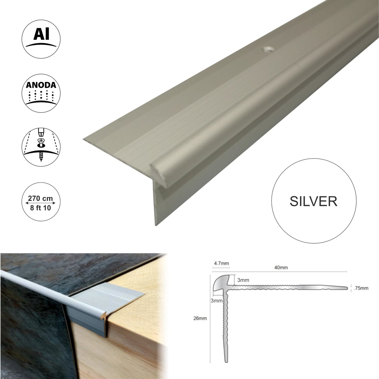 2.7m LUXURY CLICK VINYL FLOORING STAIR NOSING EDGE PROFILE TRIM FOR 3mm LVT