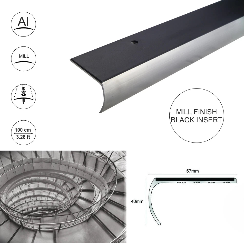 Aluminium Anti Non Slip Bullnose Stair Nosing Step Edging Trim Profile 57x 40mm
