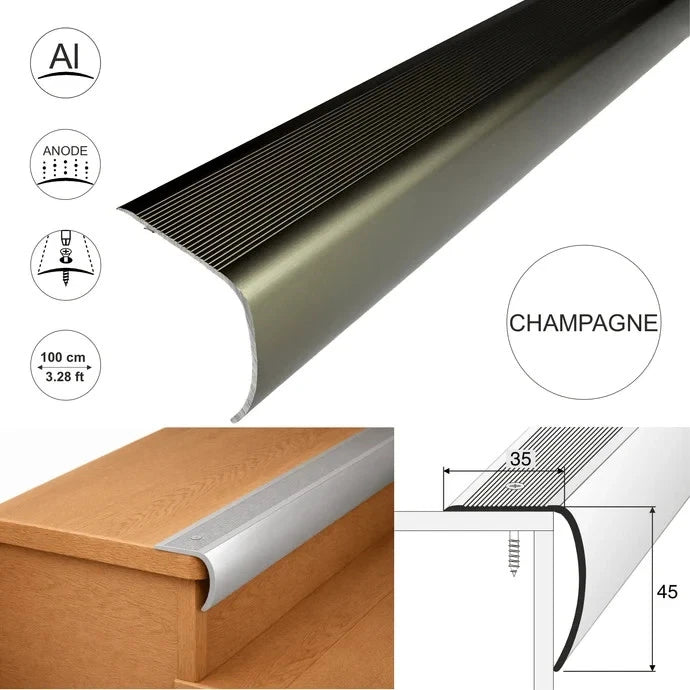 Aluminium Stair Nosing 35 × 45 mm Bullnose Edge Trim Anti Slip Step Edging 1M