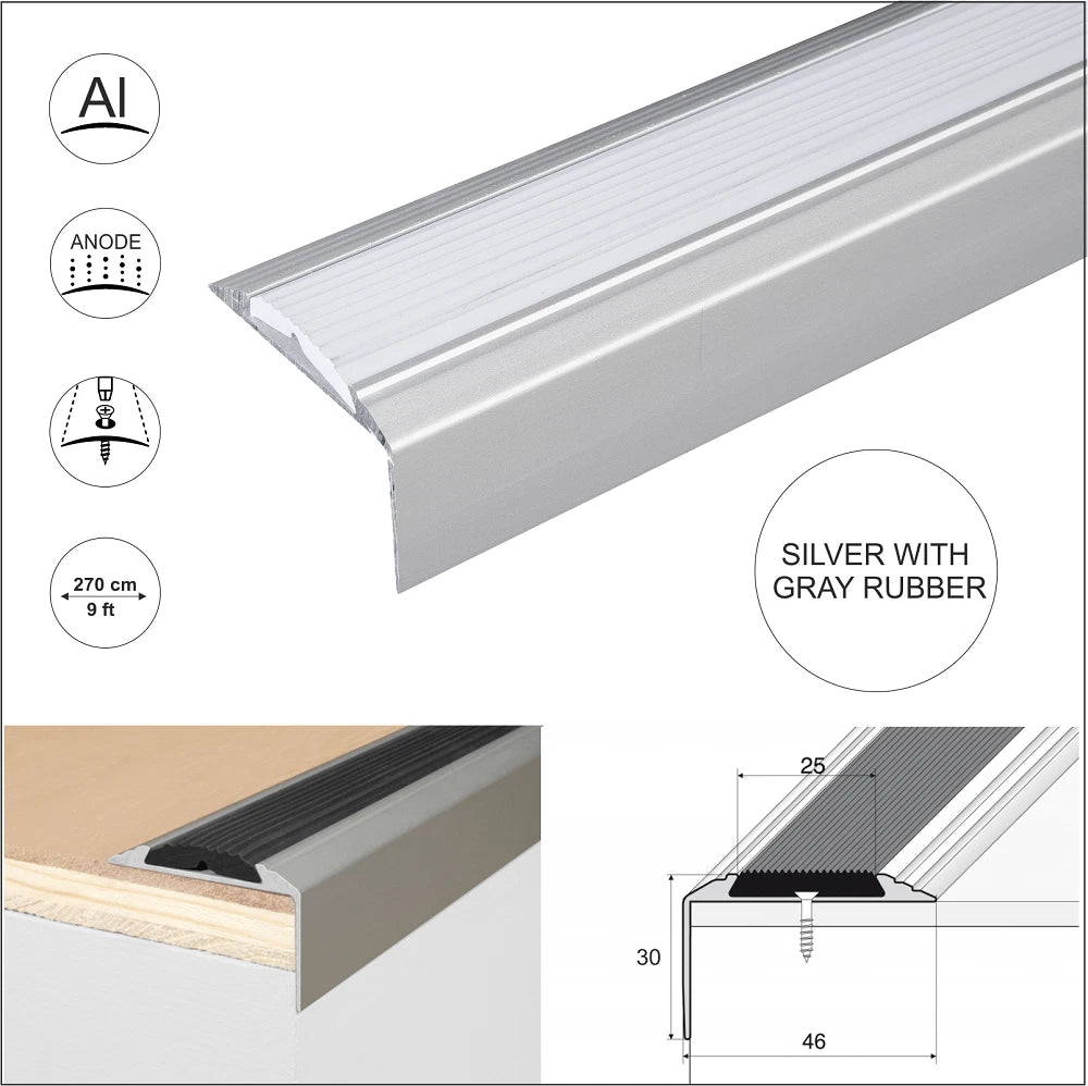2.7m Aluminium Anty Non Slip Stair Nosing Edge Trim Step Nose Edging 46 x30mm