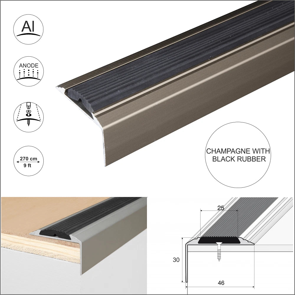 2.7m Aluminium Anty Non Slip Stair Nosing Edge Trim Step Nose Edging 46 x30mm