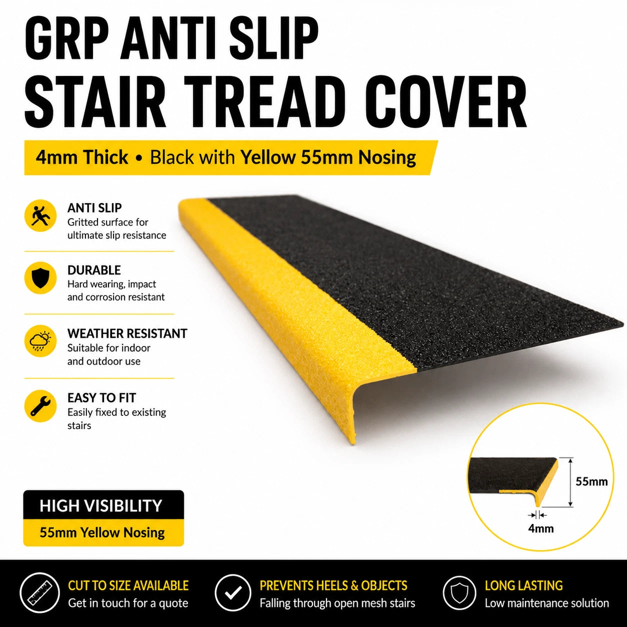 GRP Anti Slip Stair Tread Cover | Heavy Duty Non Slip Stair Edge Plate