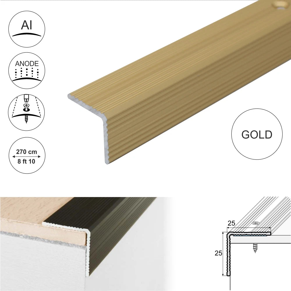 2.7m ANODISED ALUMINIUM ANTI NON SLIP STAIR EDGE NOSING -TRIM- 25x 25mm
