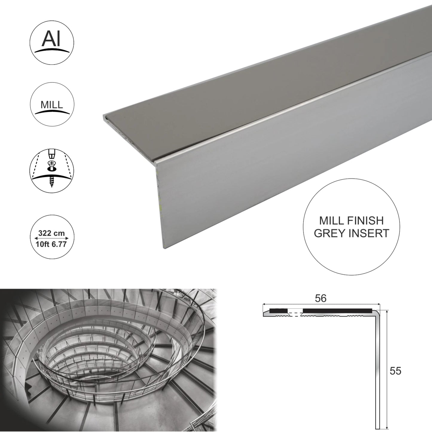 3.22m Aluminium Stair Nosing Edge Trim Step Nose Edging Trim Nosings 56x55mm