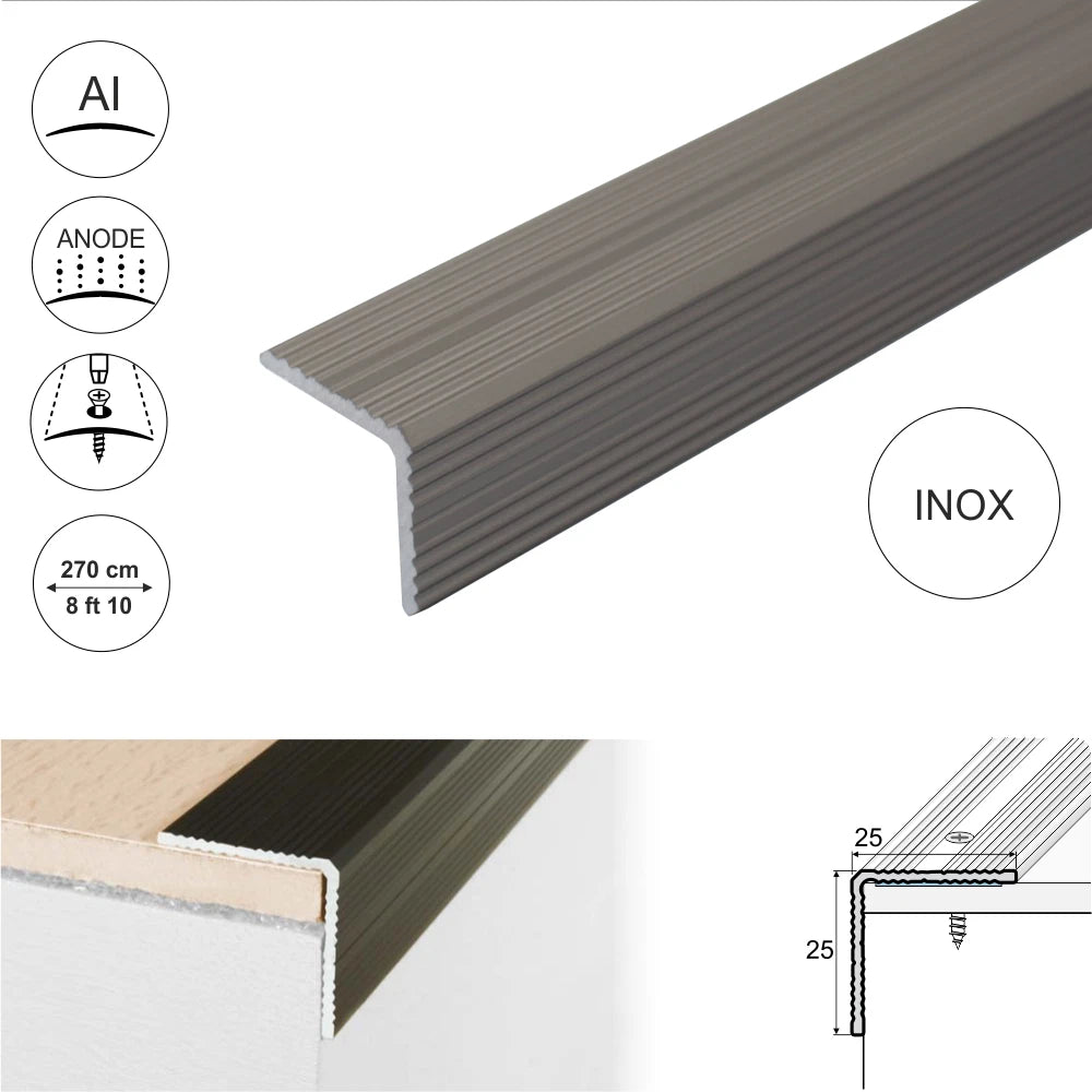 2.7m ANODISED ALUMINIUM ANTI NON SLIP STAIR EDGE NOSING -TRIM- 25x 25mm