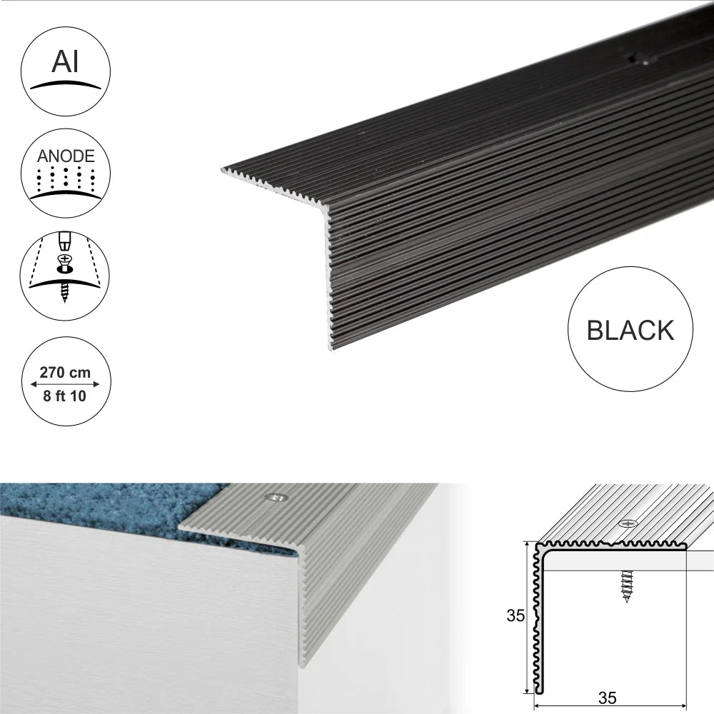 2.7m ALUMINIUM ANTI NON SLIP STAIR EDGE NOSING -EDGING TRIM- 35 x 35mm