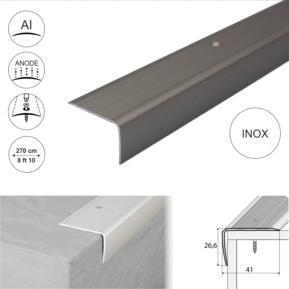 2.7m ALUMINIUM STAIR NODING STEP EDGE NOSING TRIM FOR LAMINATE, WOOD.41x26.6mm