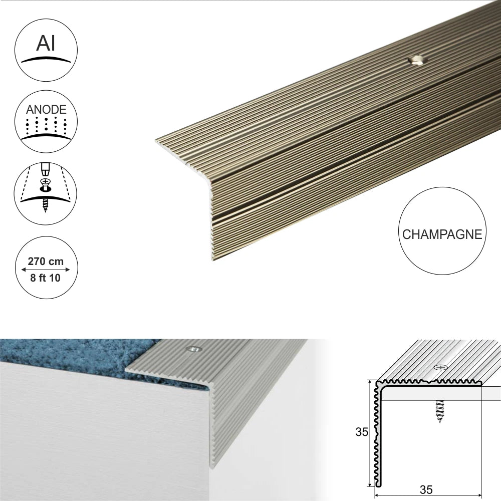 2.7m ALUMINIUM ANTI NON SLIP STAIR EDGE NOSING -EDGING TRIM- 35 x 35mm