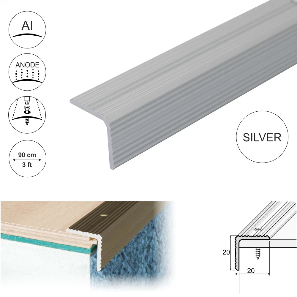 ANODISED ALUMINIUM ANTI NON SLIP STAIR EDGE NOSING -TRIM- 20x 20mm A35