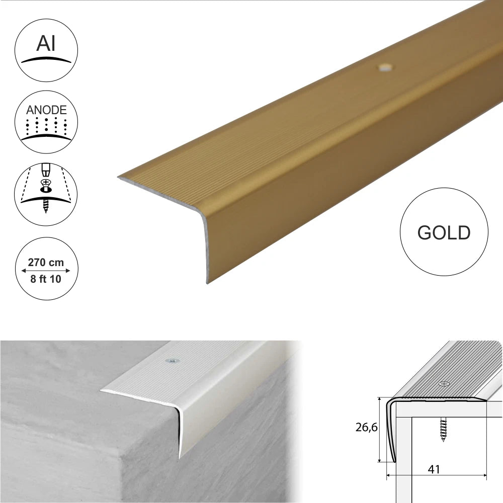 2.7m ALUMINIUM STAIR NODING STEP EDGE NOSING TRIM FOR LAMINATE, WOOD.41x26.6mm