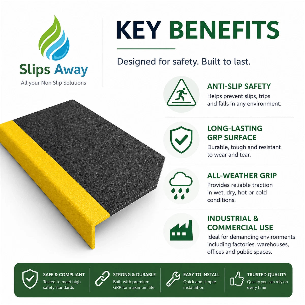 Anti Slip Stair Tread Covers Step Nosing Heavy Duty Non-Slip GRP 500mm - 3600mm