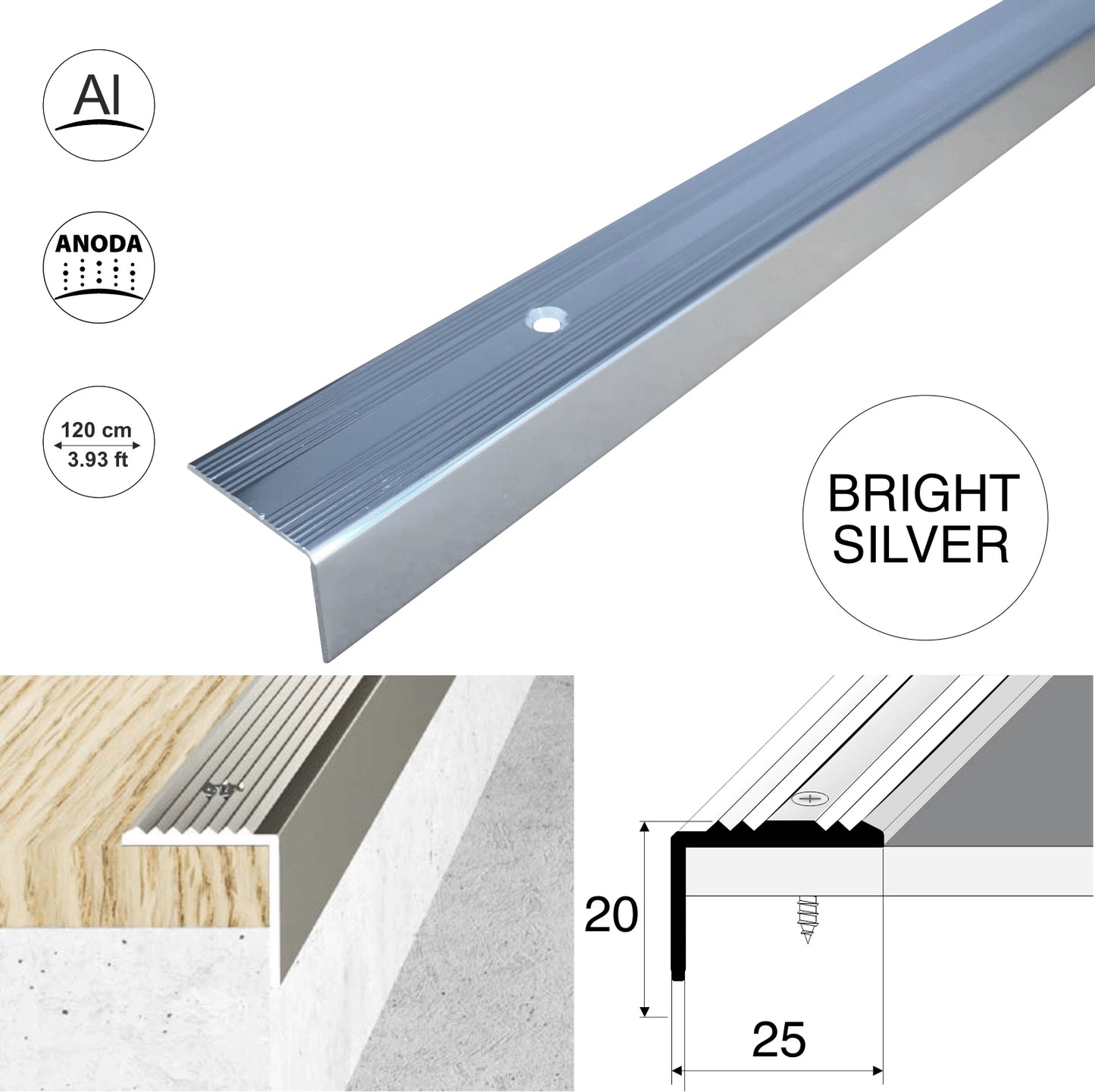 Aluminium Stair Nosing 25x20x 1200mm Anti-Slip Edge Trim Protector Step Cover S2