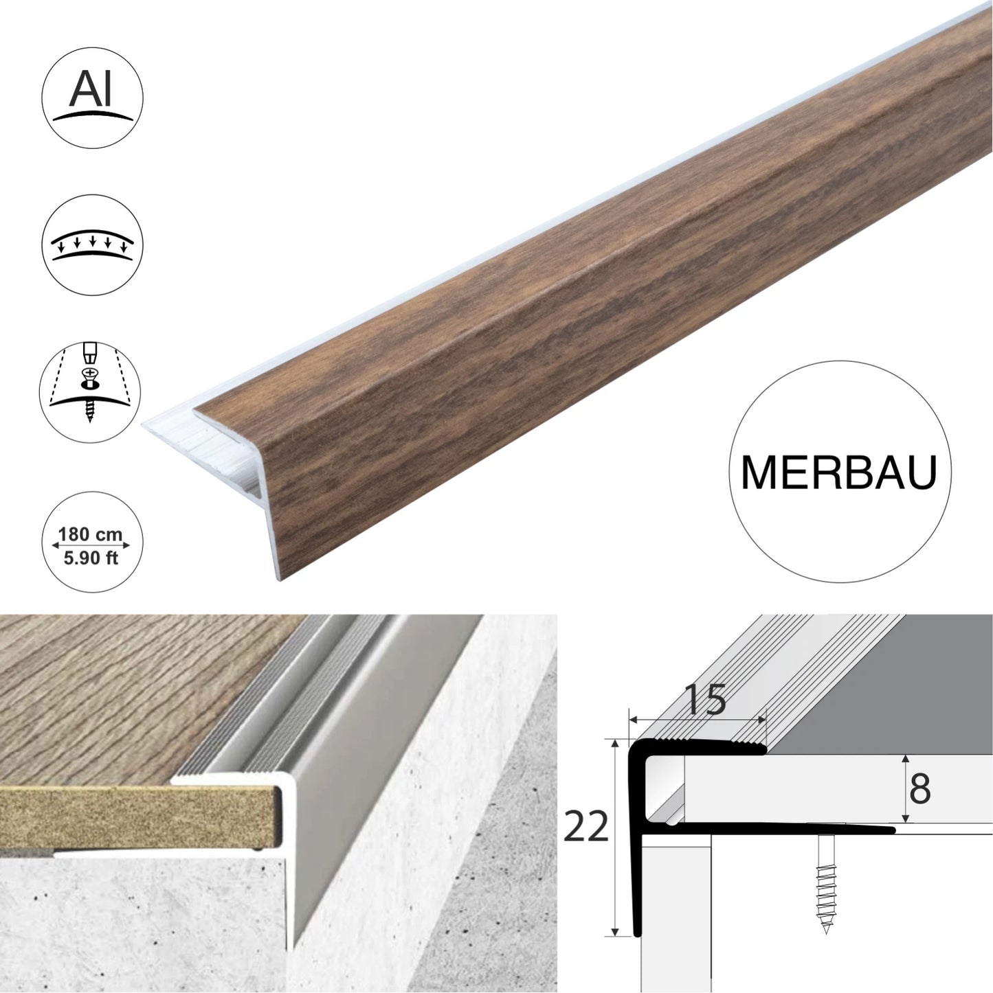 Aluminium Stair Nosing Wood Effect Edge Trim Step Nose Edging Laminate 1.8m A60