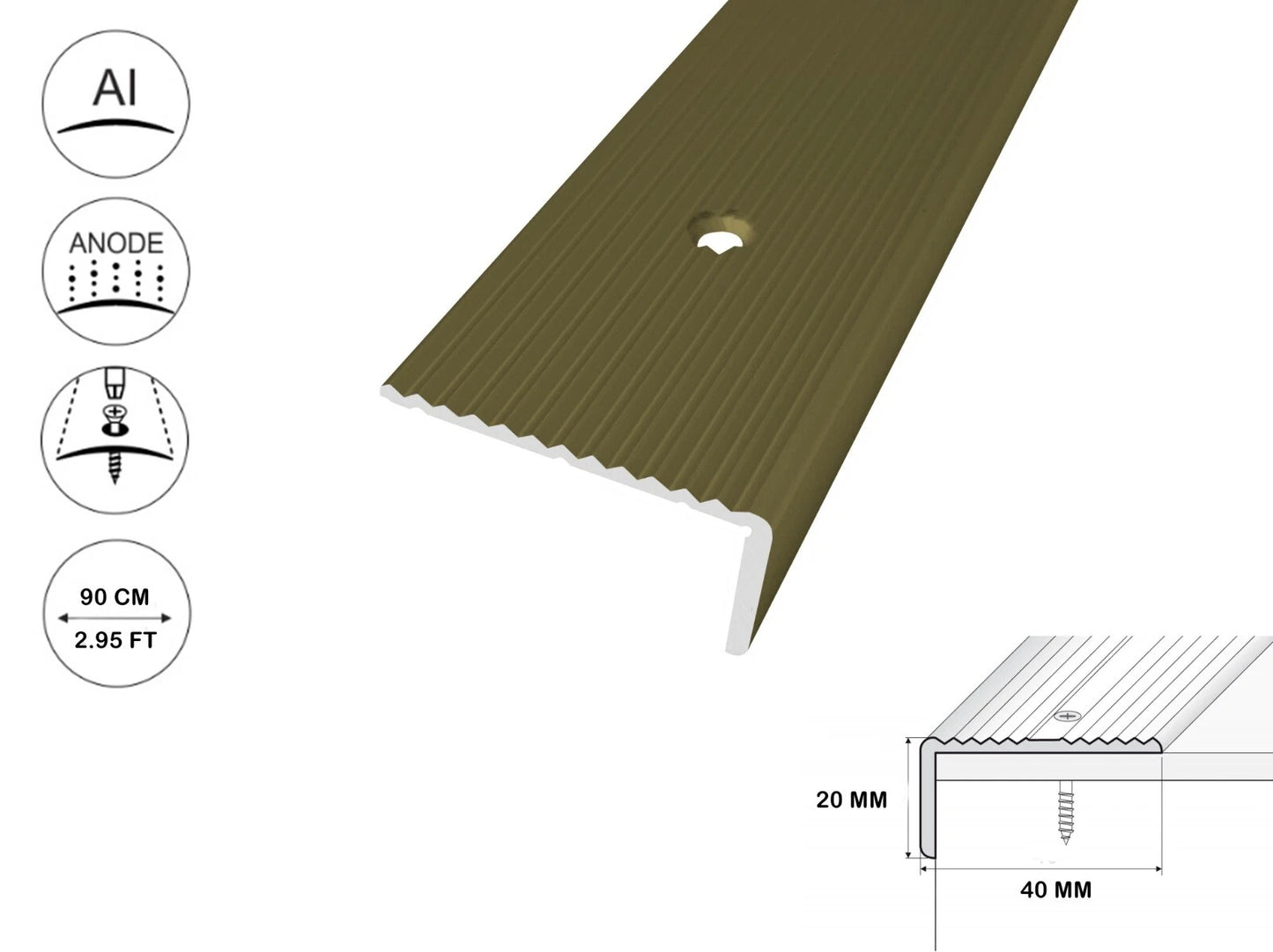 Stair Nosing Anodised aluminium anti non slip edge -trim- 40 x 20mm lengt 900 mm