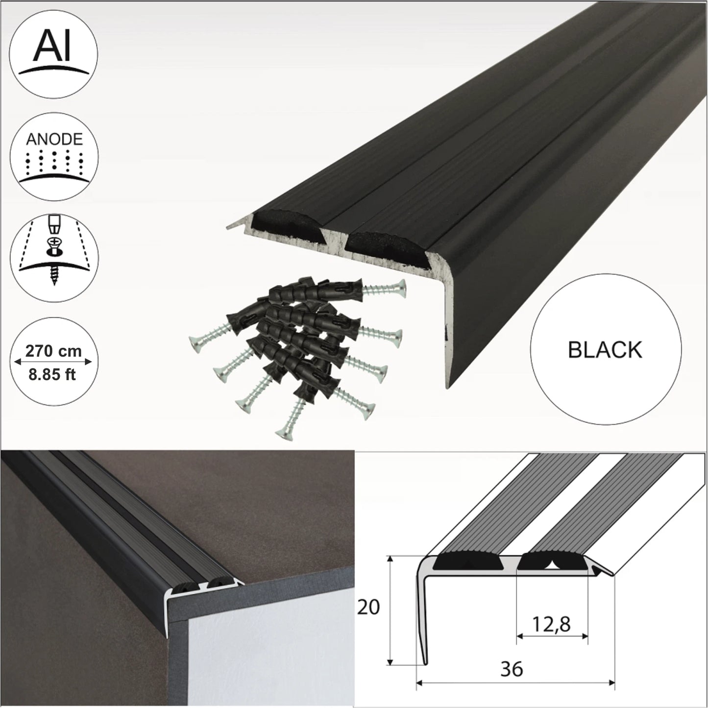 2.7m ALUMINIUM STAIR NOSING EDGE TRIM STEP NOSE EDGING NOSINGS FOR CARPET WOOD