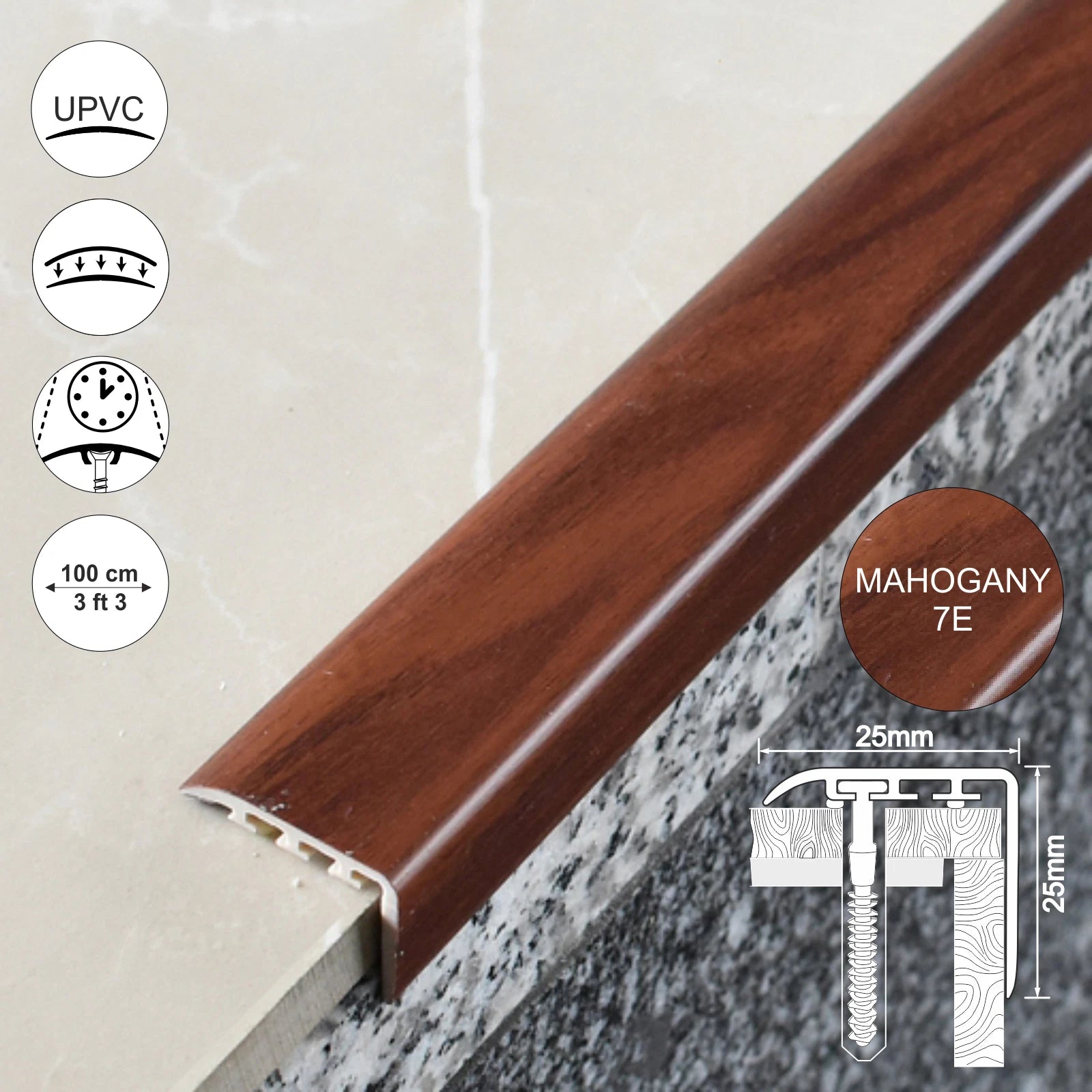 UPVC WOOD EFFECT STAIR EDGE NOSING -TRIM- EDGING NOSING 25 x 25mm