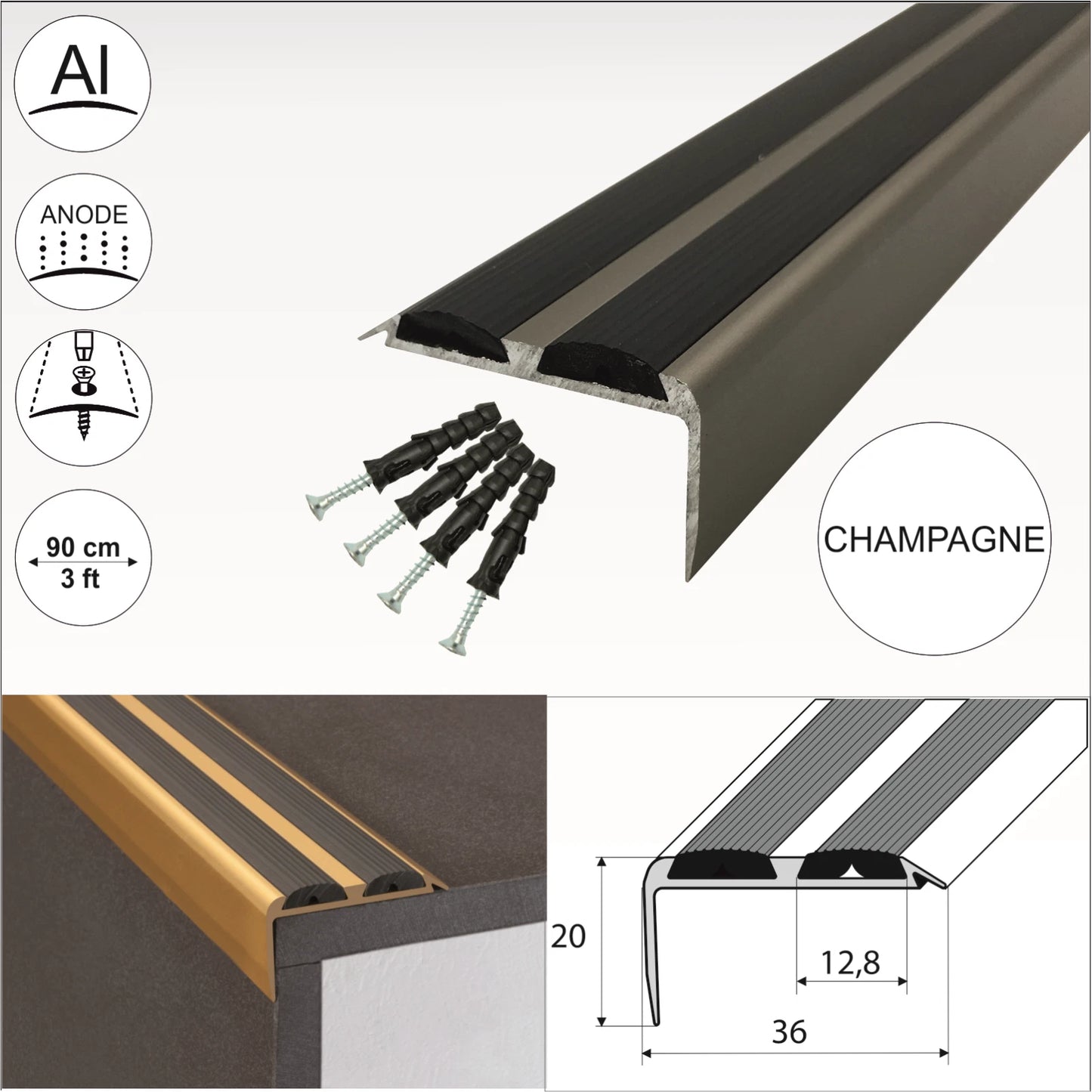 ALUMINIUM STAIR NOSING EDGE TRIM STEP NOSE EDGING NOSINGS FOR CARPET WOOD A37